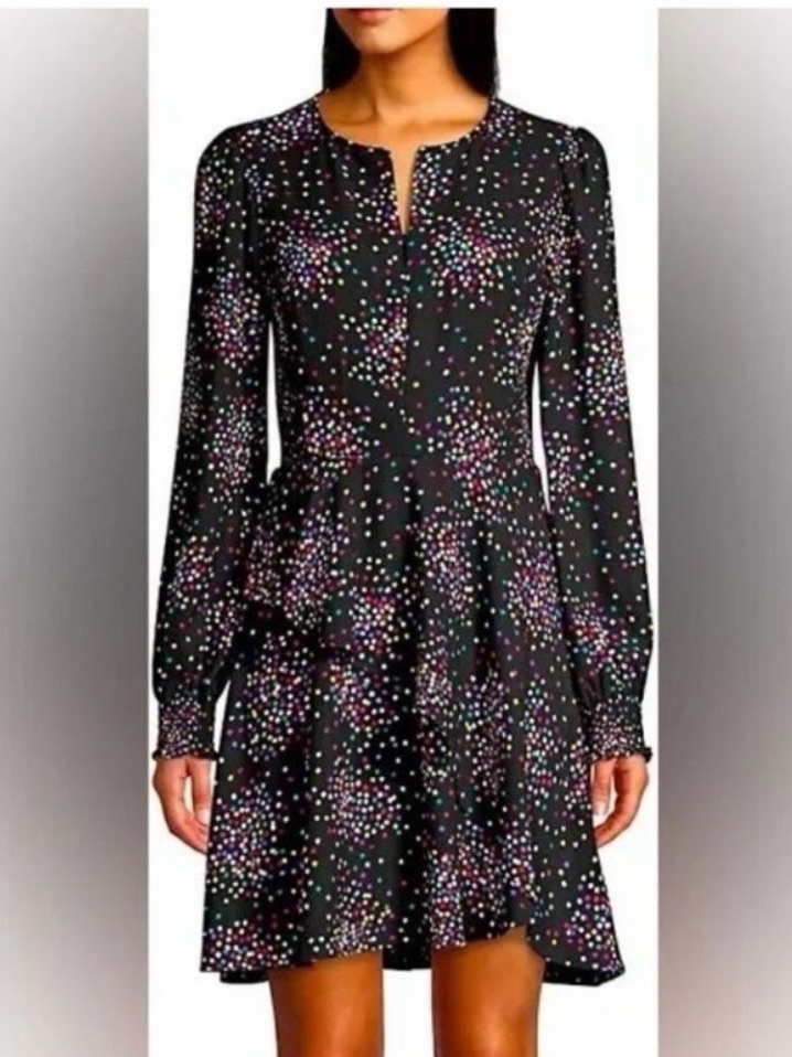 #652 Kate Spade Nwot Black Long-Sleeve Confetti Dot Tiered Mini Dress.
